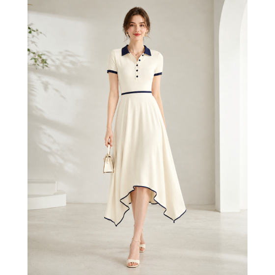 New polo collar dress for summer women's college style aging irregular hem long skirt